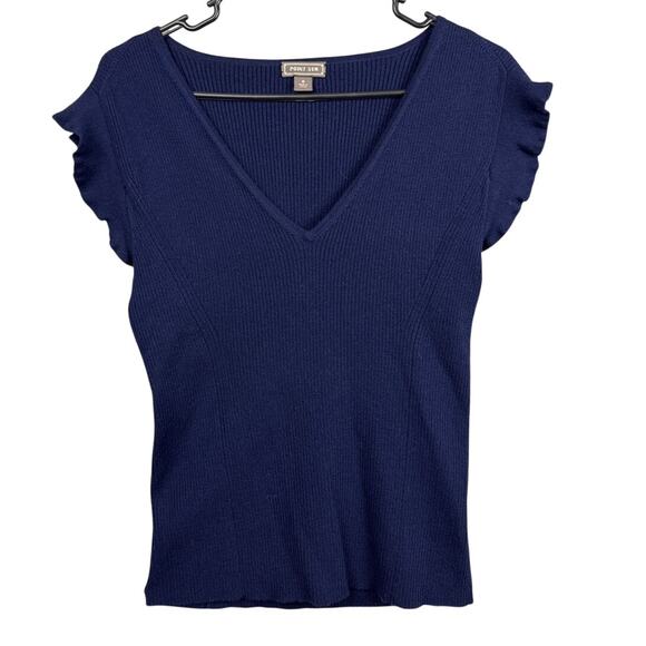 Point Sur Women's Ribbed Sweater Wool Blend Flutter Sleeve Size S Flattering Cut - Picture 1 of 7